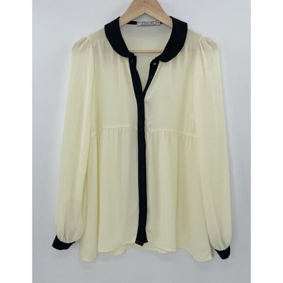 Chloe K Women’s‎ Ivory Sheet Black Collared Blouse Size M Preppy Gothic Feminine - Picture 1 of 10